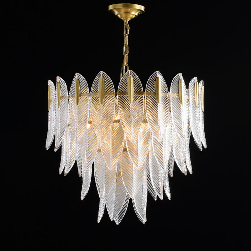 Modern Round Layered Glass & Metal Feather Chandelier for Living Room