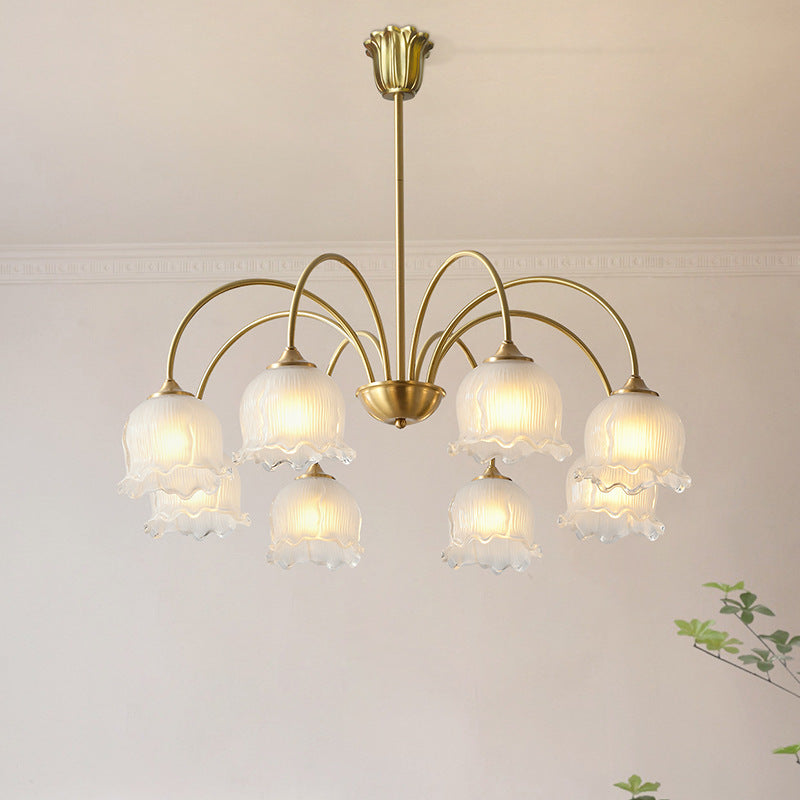 Antique Brass Floral Curved Glass Chandelier for Living Room 3/5/8 Lights