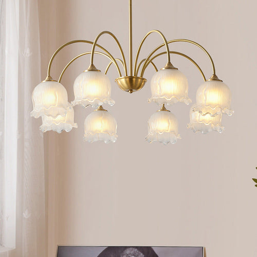 Antique Brass Floral Curved Glass Chandelier for Living Room 3/5/8 Lights