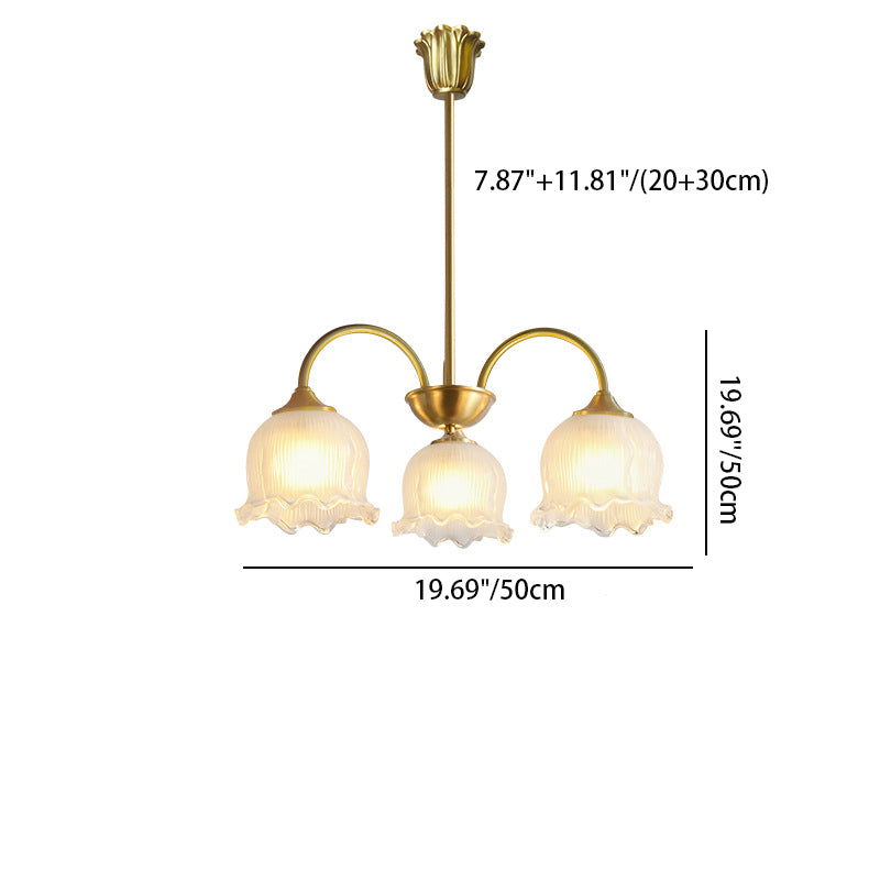 Antique Brass Floral Curved Glass Chandelier for Living Room 3/5/8 Lights