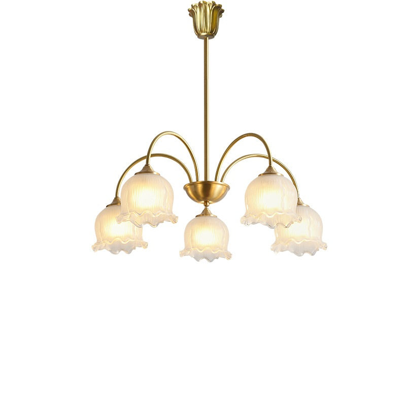Antique Brass Floral Curved Glass Chandelier for Living Room 3/5/8 Lights
