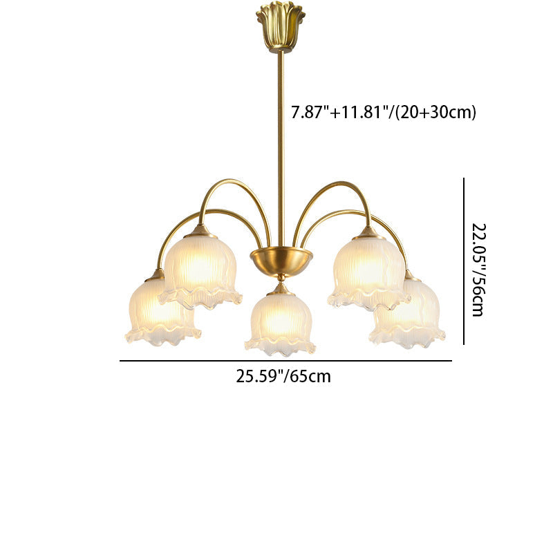 Antique Brass Floral Curved Glass Chandelier for Living Room 3/5/8 Lights