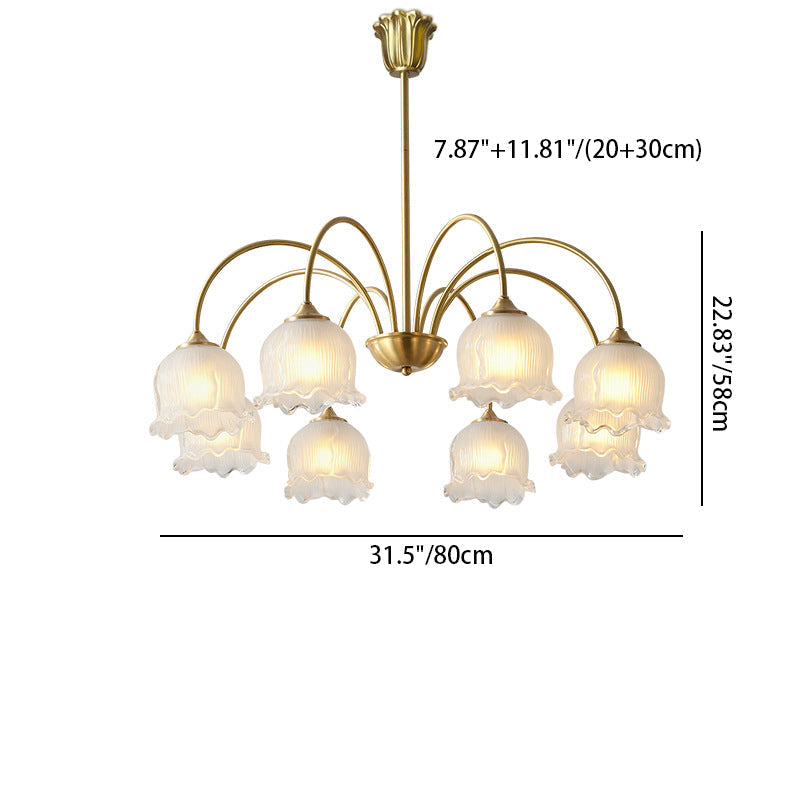 Antique Brass Floral Curved Glass Chandelier for Living Room 3/5/8 Lights