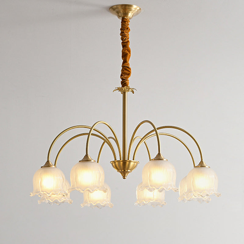 Antique Brass Floral Curved Glass Chandelier for Living Room 3/5/8 Lights