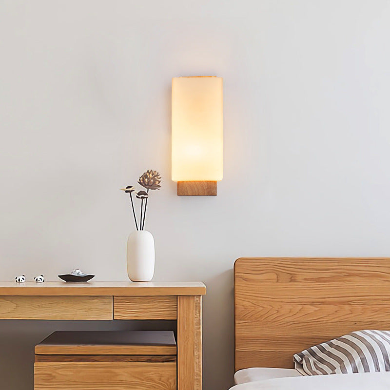 Elegant Japanese Rectangle Wooden Glass Wall Sconce Lamp for Living Room
