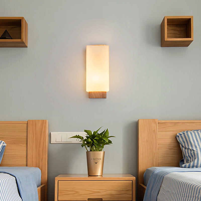 Elegant Japanese Rectangle Wooden Glass Wall Sconce Lamp for Living Room