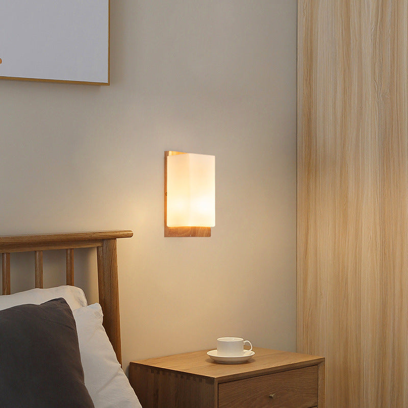 Elegant Japanese Rectangle Wooden Glass Wall Sconce Lamp for Living Room