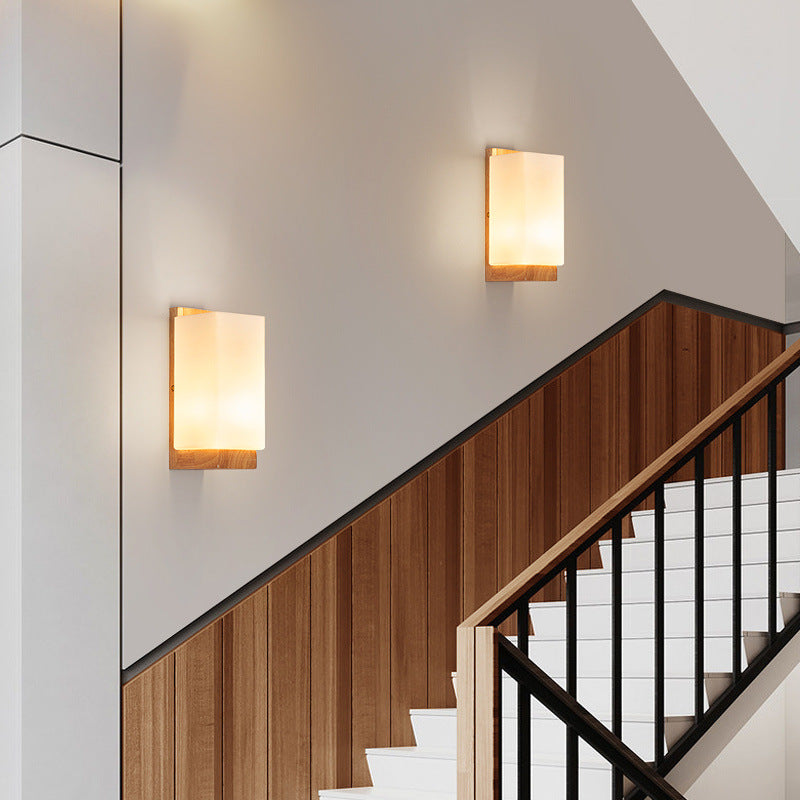 Elegant Japanese Rectangle Wooden Glass Wall Sconce Lamp for Living Room