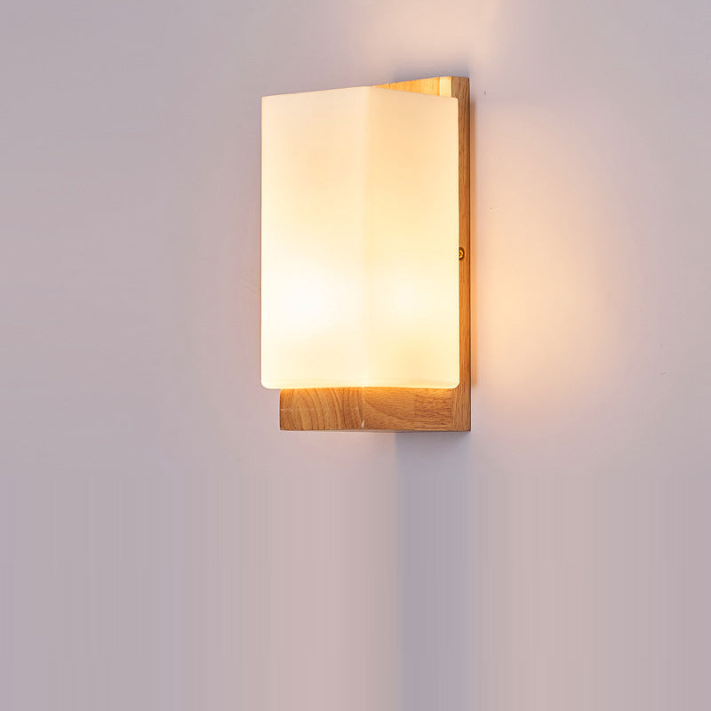 Elegant Japanese Rectangle Wooden Glass Wall Sconce Lamp for Living Room