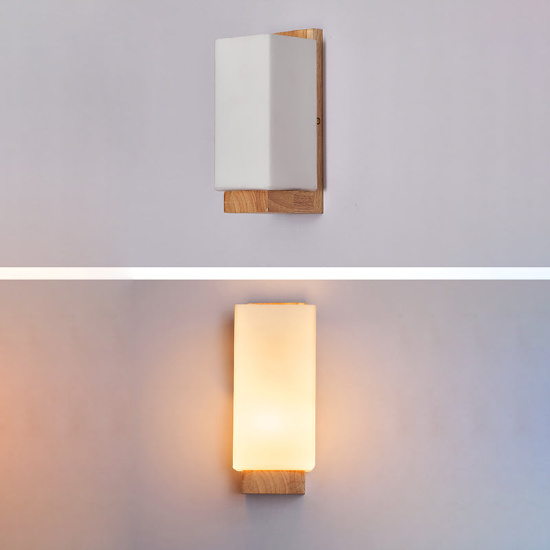 Elegant Japanese Rectangle Wooden Glass Wall Sconce Lamp for Living Room