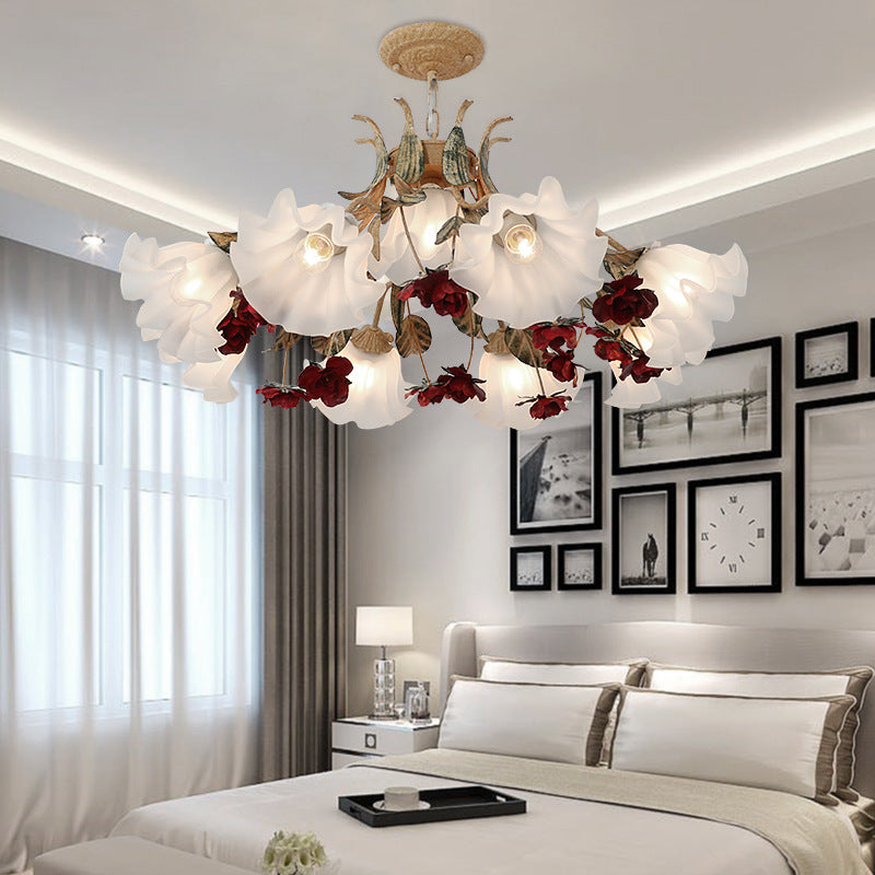 Elegant French Rose Glass and Iron Chandelier for Living Room 4/6/9 Light