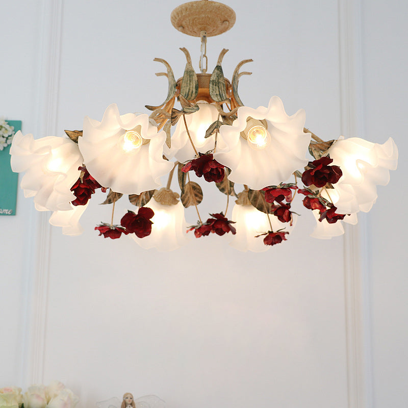 Elegant French Rose Glass and Iron Chandelier for Living Room 4/6/9 Light