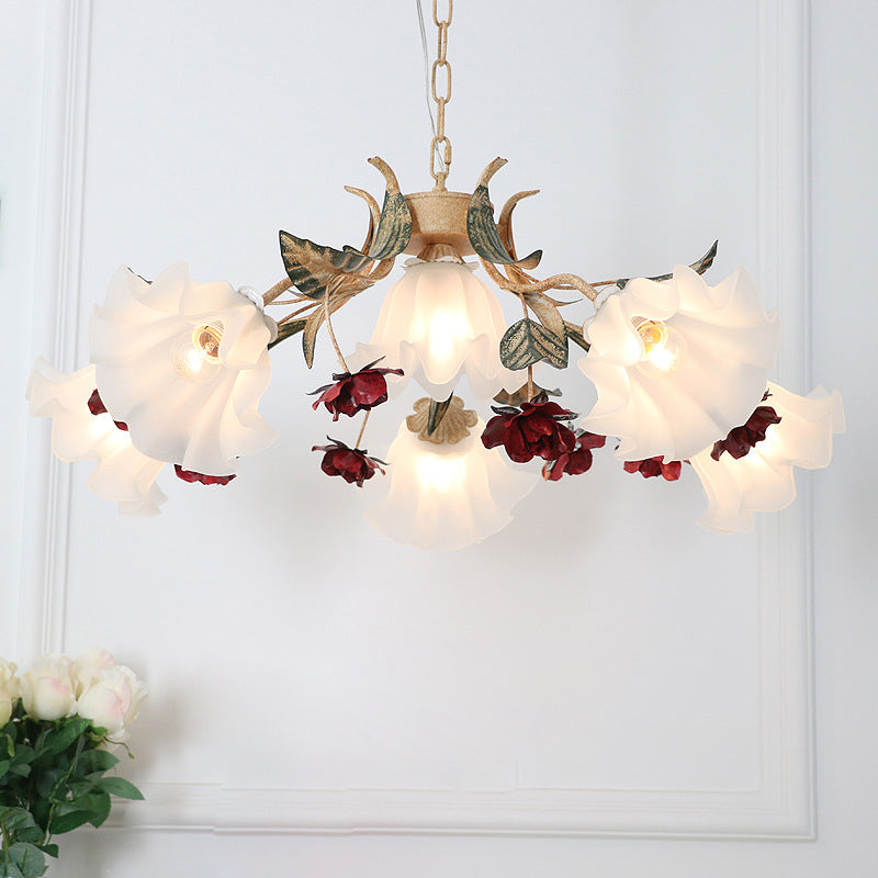 Elegant French Rose Glass and Iron Chandelier for Living Room 4/6/9 Light