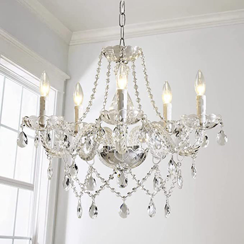 Elegant French 5-Light Curved Glass Iron Chandelier for Living Room