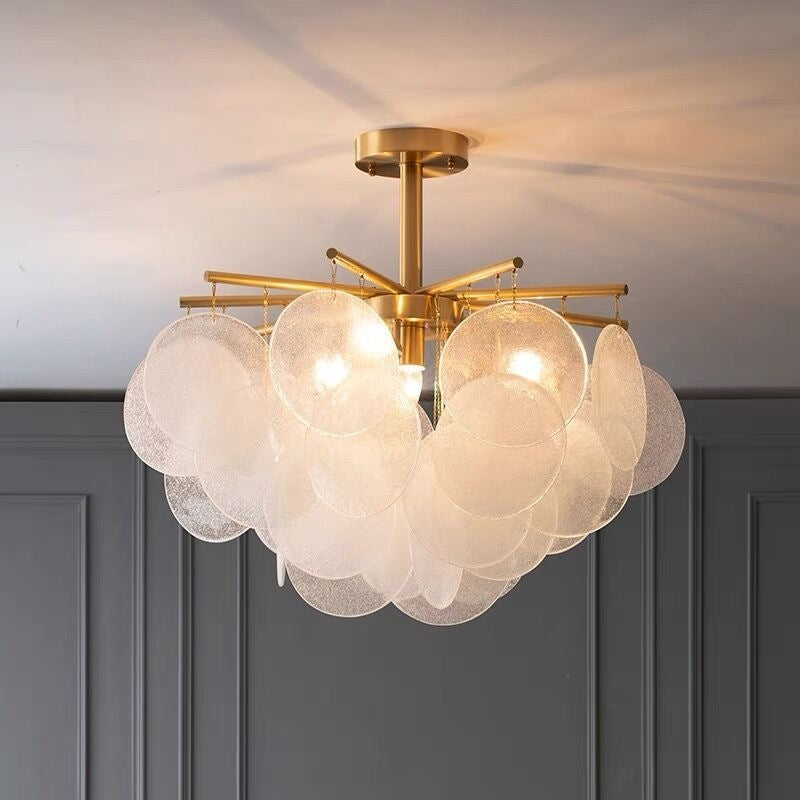 Scandinavian Glass Tapered Round Chandelier in Iron for Modern Living Room