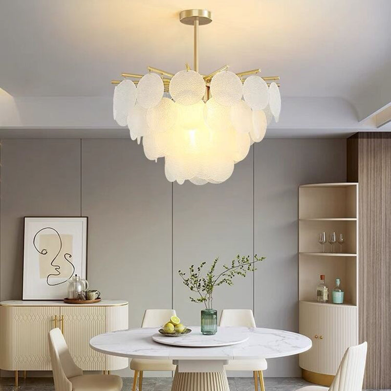 Scandinavian Glass Tapered Round Chandelier in Iron for Modern Living Room