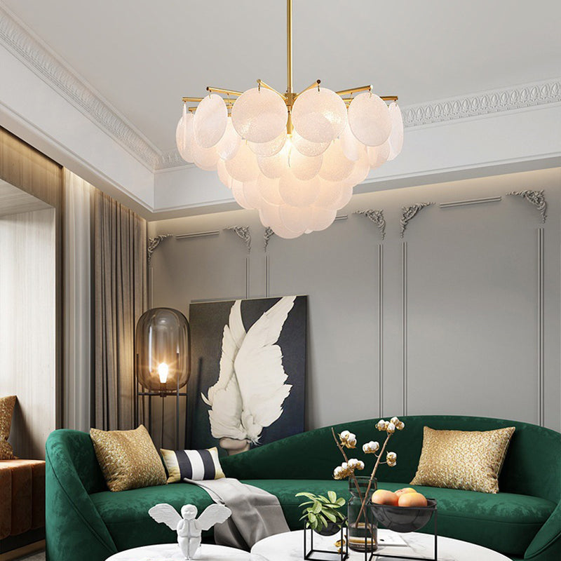 Scandinavian Glass Tapered Round Chandelier in Iron for Modern Living Room