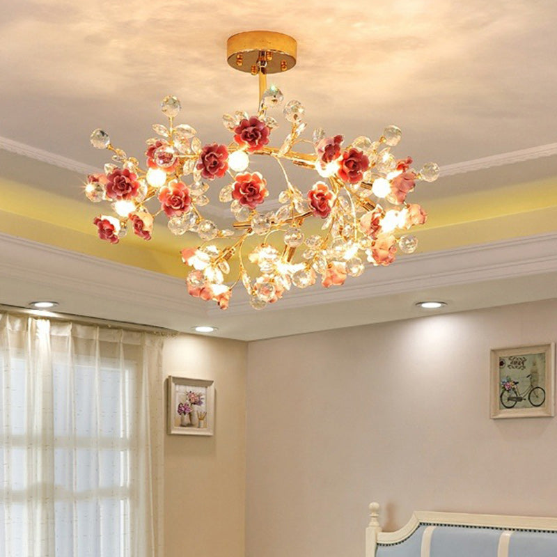 Elegant French Rose Branch Round Crystal Chandelier for Living Room