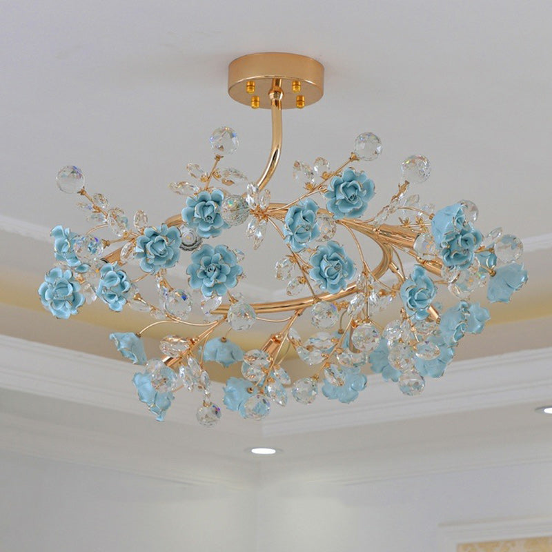 Elegant French Rose Branch Round Crystal Chandelier for Living Room