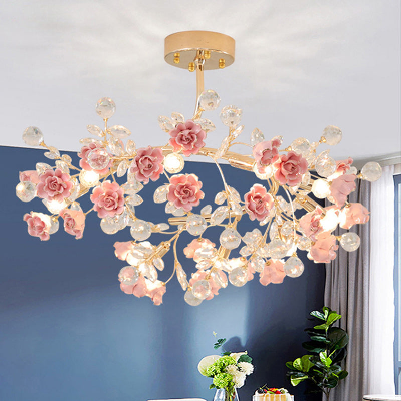 Elegant French Rose Branch Round Crystal Chandelier for Living Room