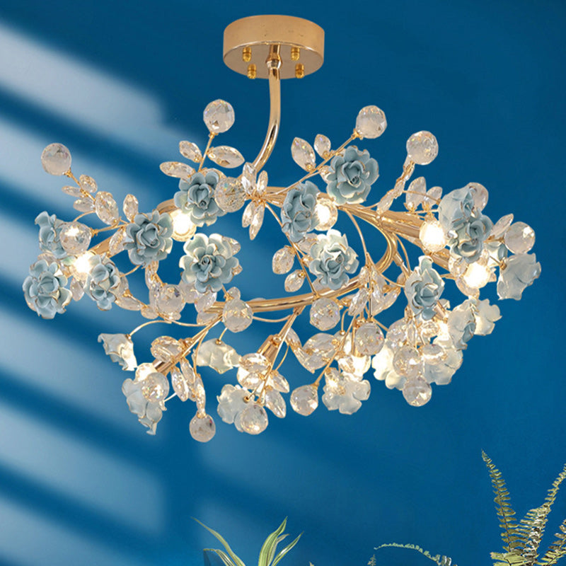 Elegant French Rose Branch Round Crystal Chandelier for Living Room