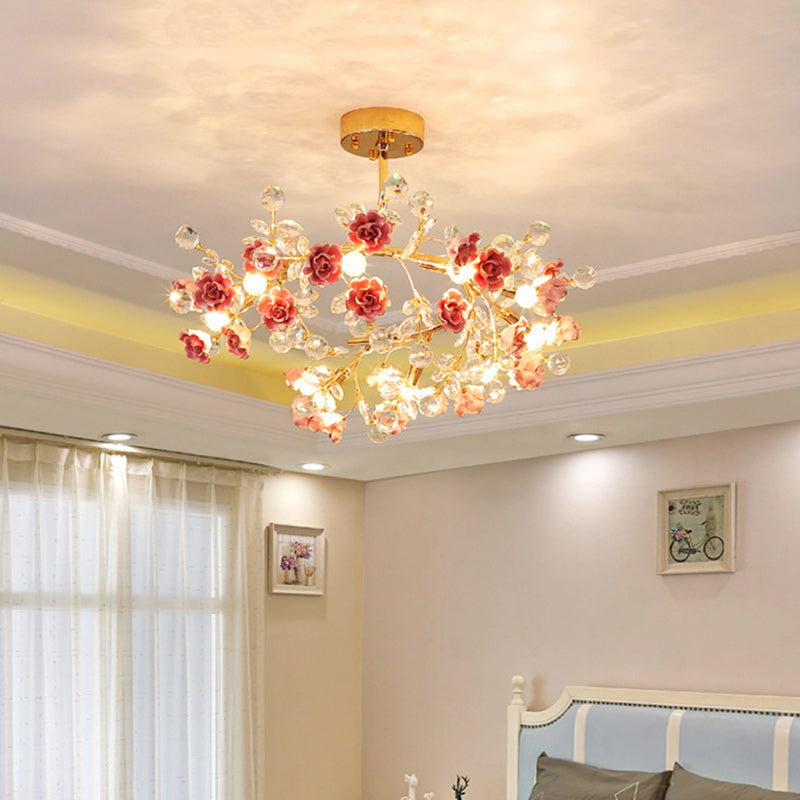 Elegant French Rose Branch Round Crystal Chandelier for Living Room