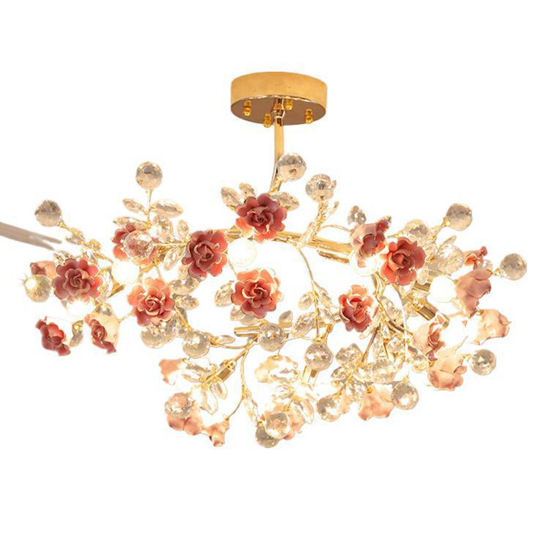 Elegant French Rose Branch Round Crystal Chandelier for Living Room