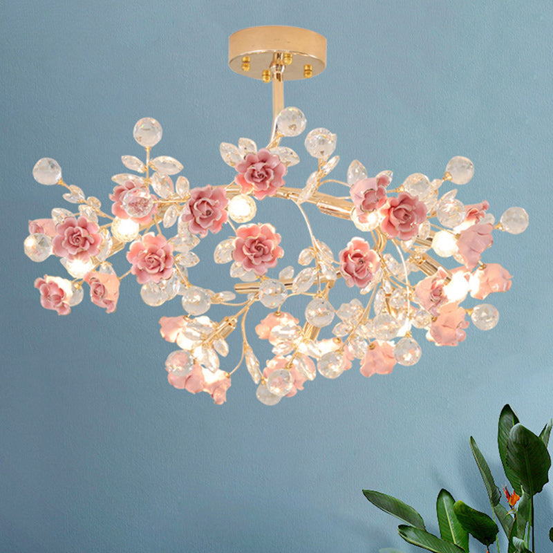 Elegant French Rose Branch Round Crystal Chandelier for Living Room