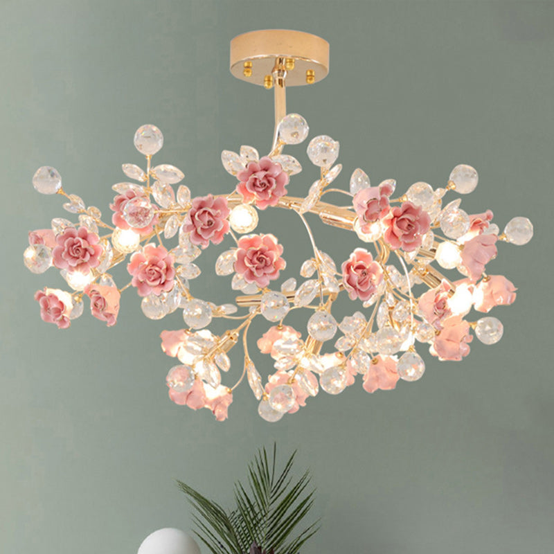 Elegant French Rose Branch Round Crystal Chandelier for Living Room