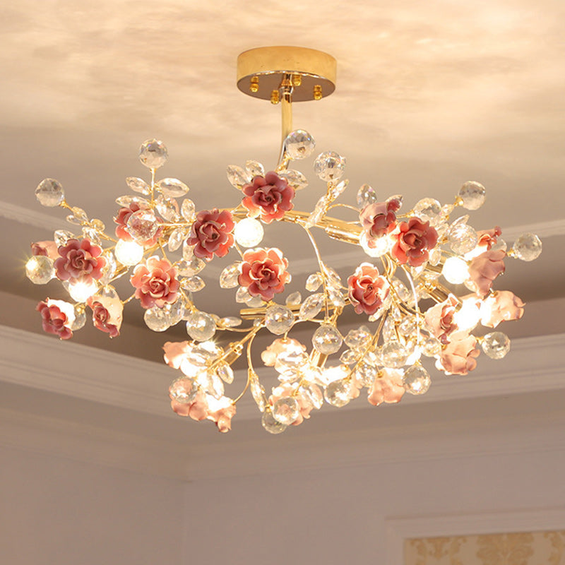 Elegant French Rose Branch Round Crystal Chandelier for Living Room