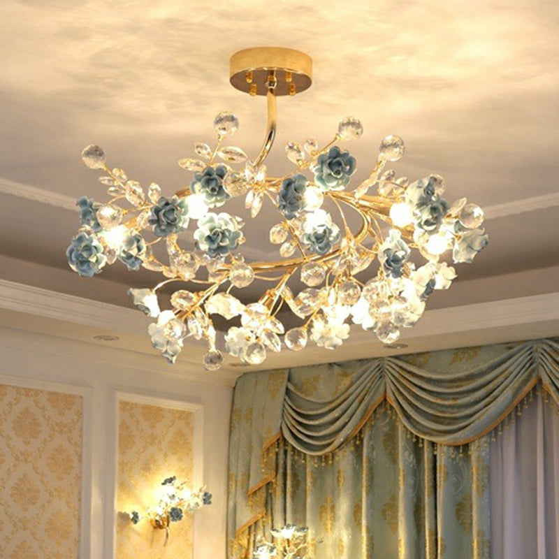 Elegant French Rose Branch Round Crystal Chandelier for Living Room