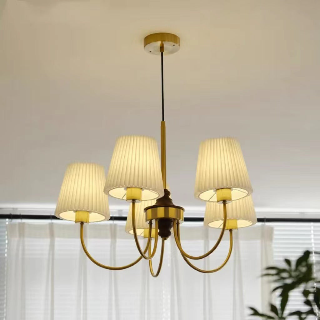 Vintage-Style Pleated Cylinder Iron and Wood 3/5 Light Chandelier for Living Room