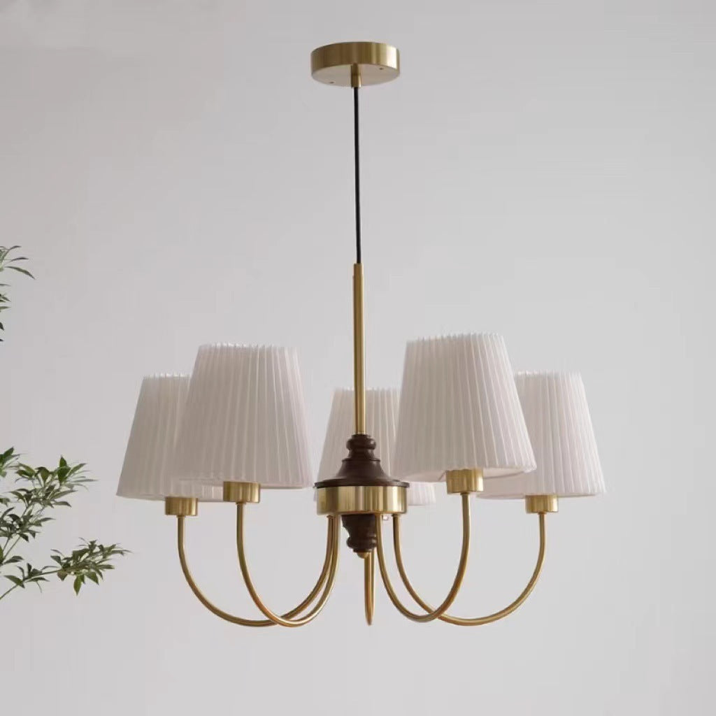 Vintage-Style Pleated Cylinder Iron and Wood 3/5 Light Chandelier for Living Room