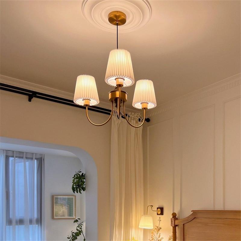 Vintage-Style Pleated Cylinder Iron and Wood 3/5 Light Chandelier for Living Room