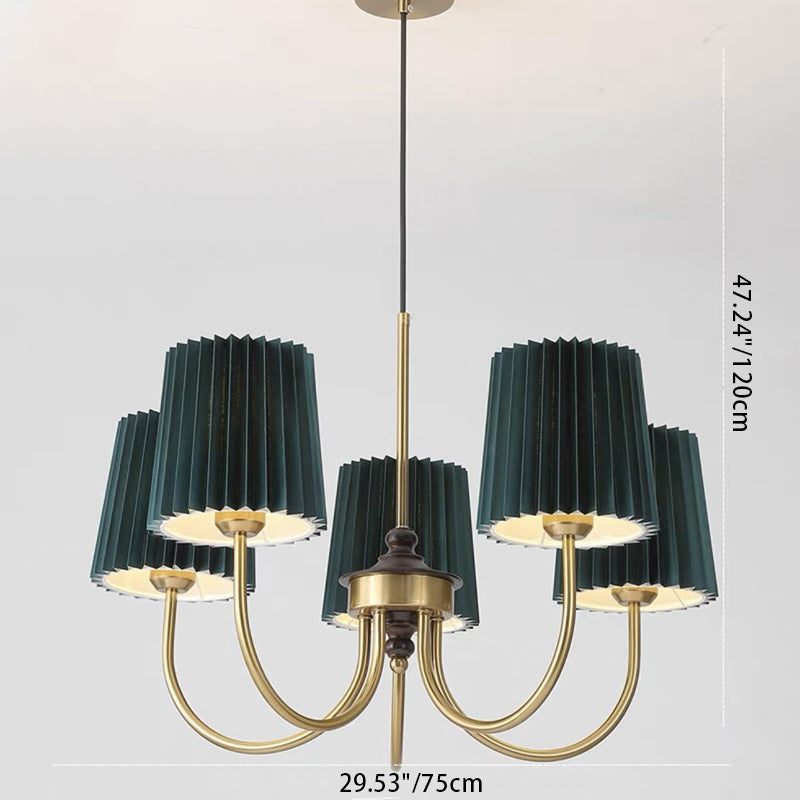 Vintage-Style Pleated Cylinder Iron and Wood 3/5 Light Chandelier for Living Room