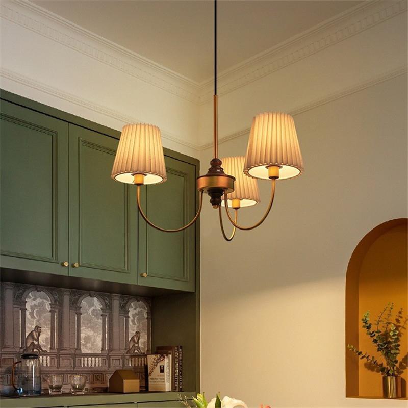Vintage-Style Pleated Cylinder Iron and Wood 3/5 Light Chandelier for Living Room