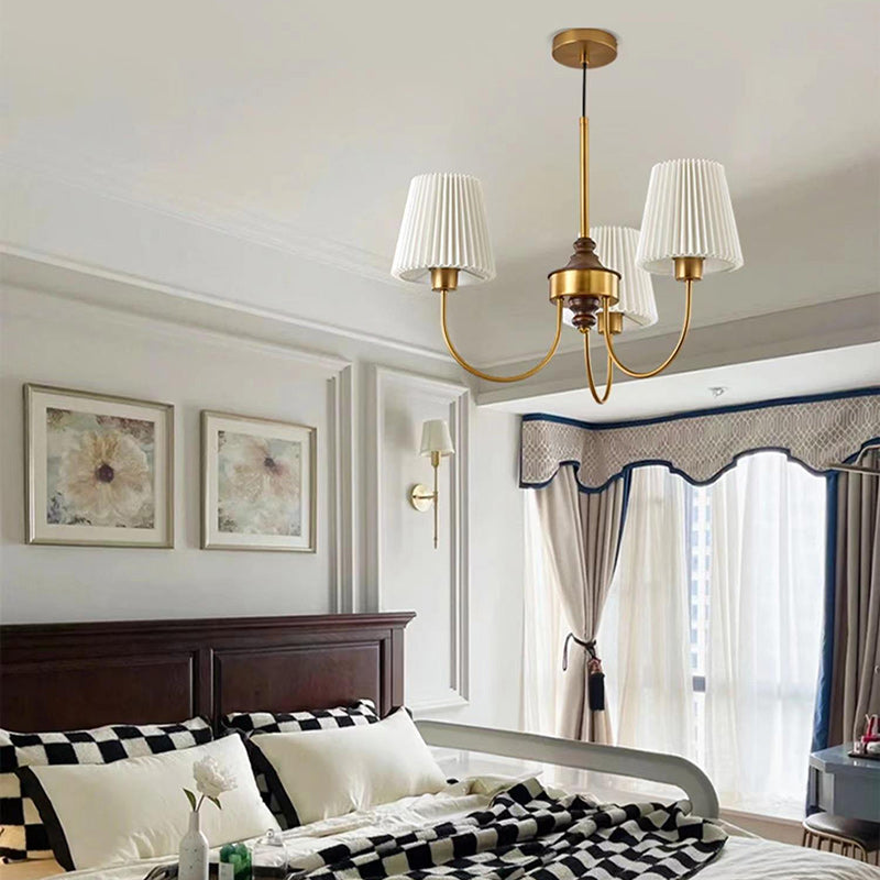 Vintage-Style Pleated Cylinder Iron and Wood 3/5 Light Chandelier for Living Room