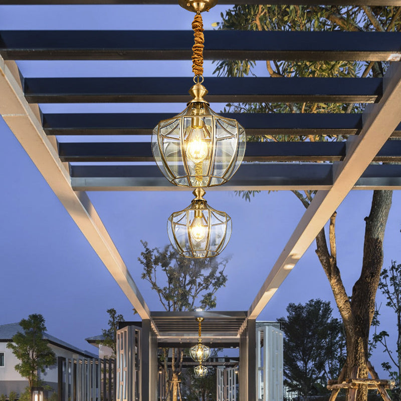 Mid-Century Waterproof Copper Glass Rhombic Cylinder Outdoor Chandeliers