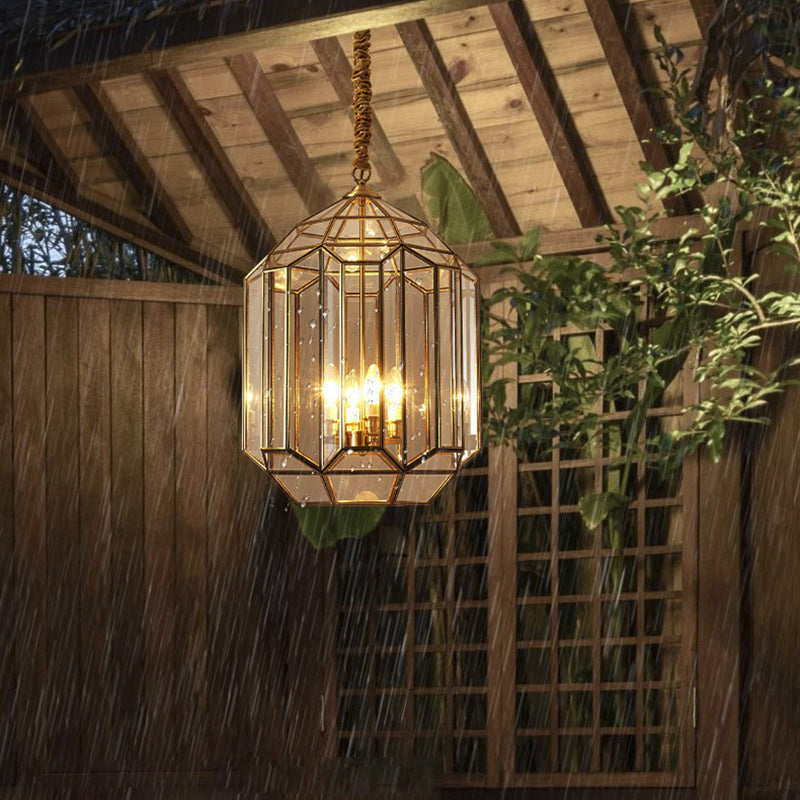 Mid-Century Waterproof Copper Glass Rhombic Cylinder Outdoor Chandeliers
