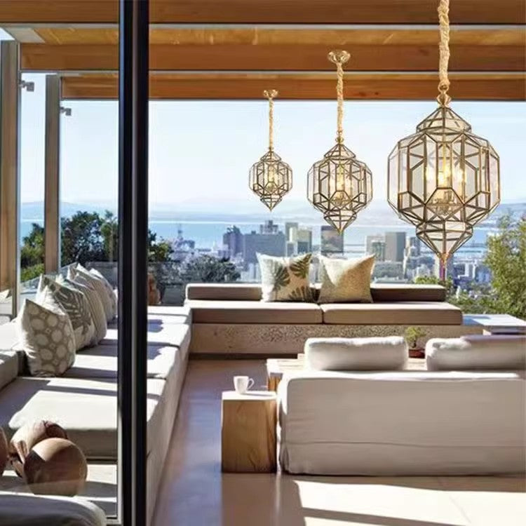 Mid-Century Waterproof Copper Glass Rhombic Cylinder Outdoor Chandeliers