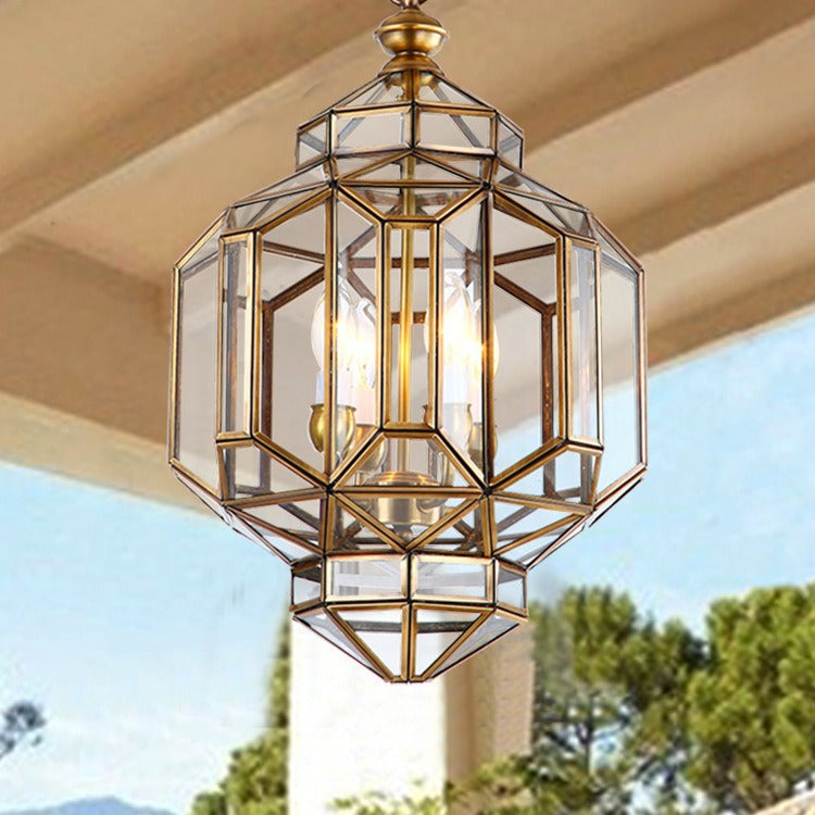 Mid-Century Waterproof Copper Glass Rhombic Cylinder Outdoor Chandeliers