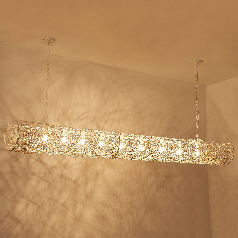 Elegant Rattan and Metal Cylinder Chandelier for Dining Room Lighting