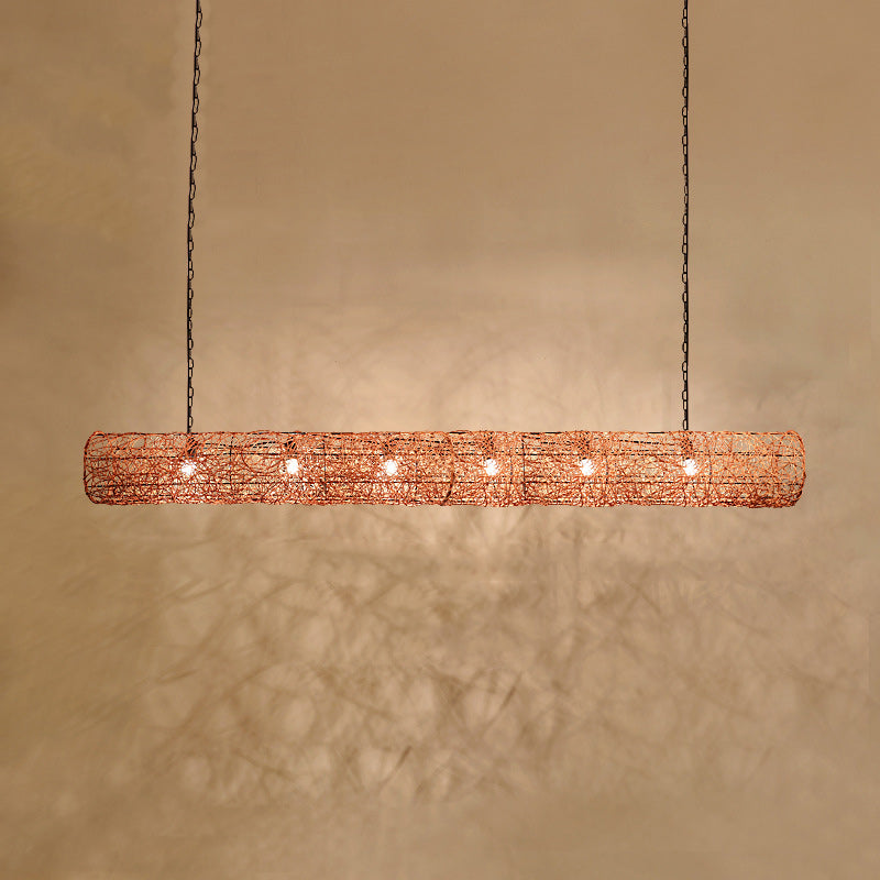 Elegant Rattan and Metal Cylinder Chandelier for Dining Room Lighting