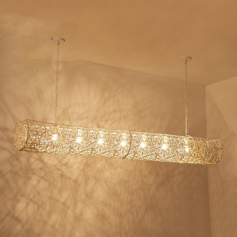 Elegant Rattan and Metal Cylinder Chandelier for Dining Room Lighting