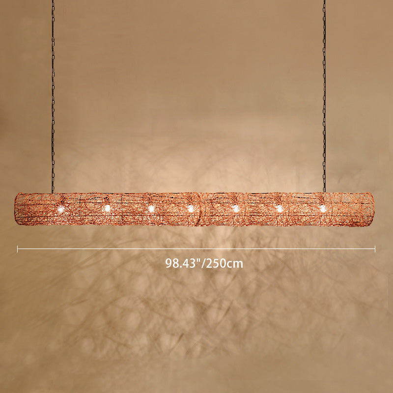 Elegant Rattan and Metal Cylinder Chandelier for Dining Room Lighting