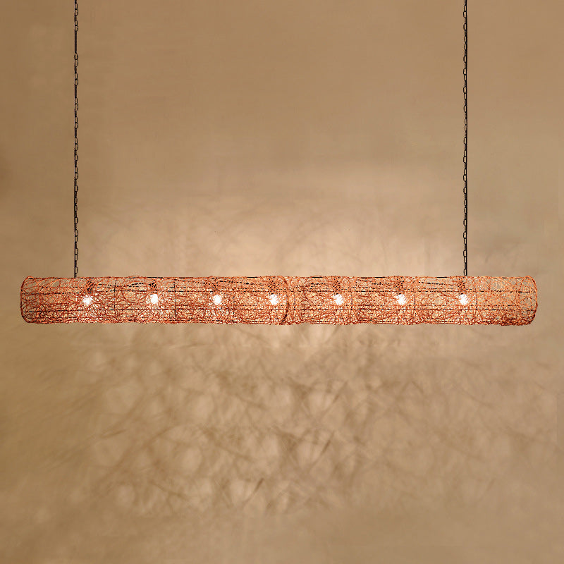 Elegant Rattan and Metal Cylinder Chandelier for Dining Room Lighting