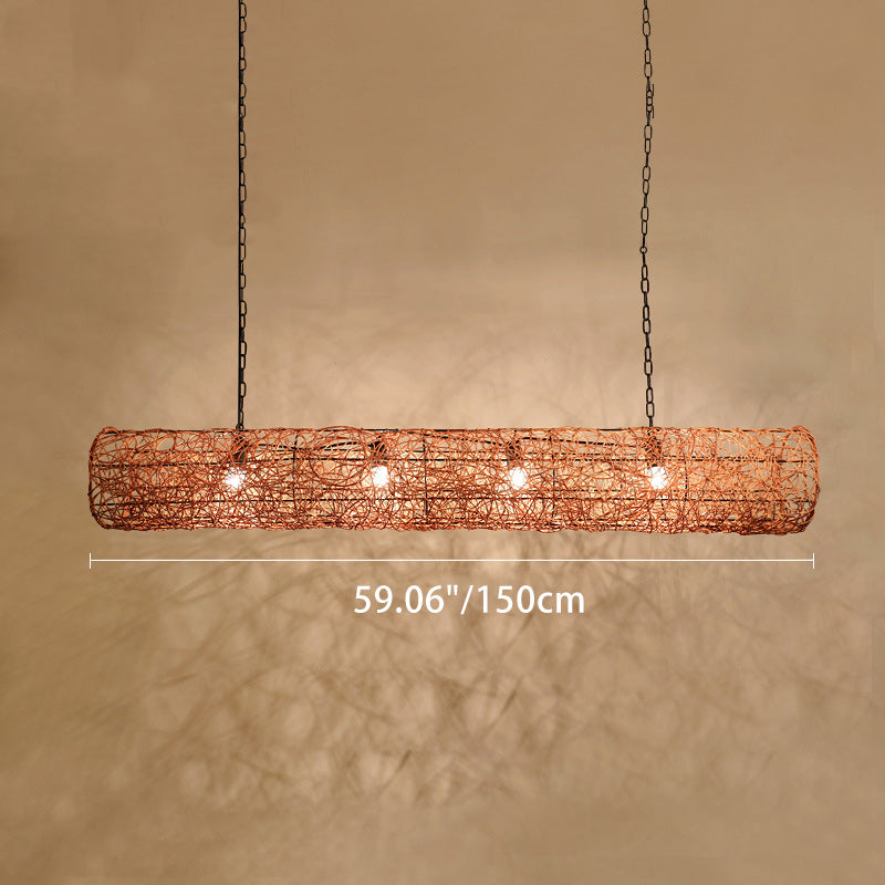 Elegant Rattan and Metal Cylinder Chandelier for Dining Room Lighting