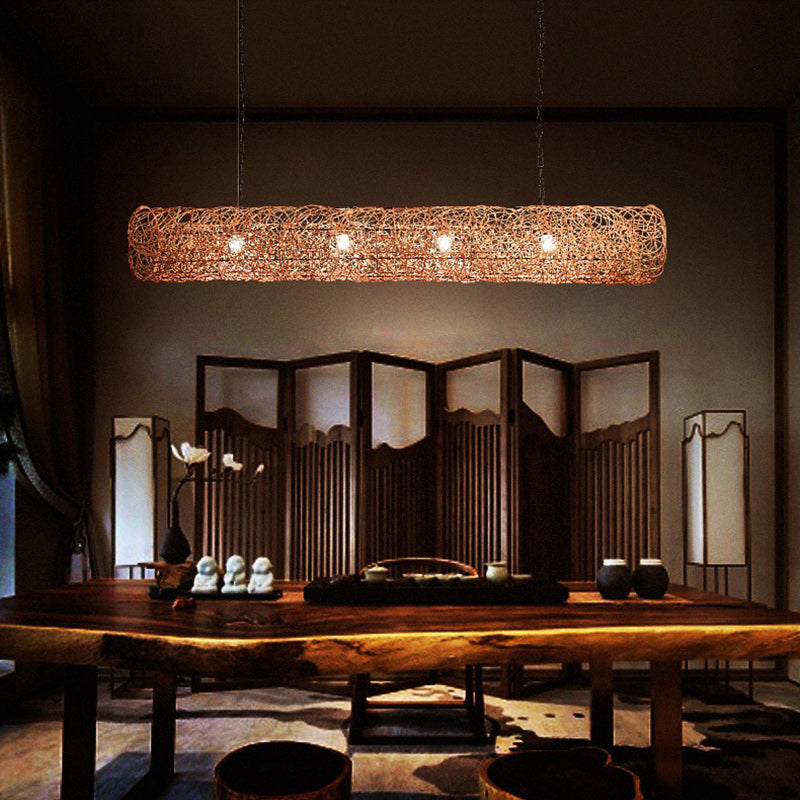 Elegant Rattan and Metal Cylinder Chandelier for Dining Room Lighting