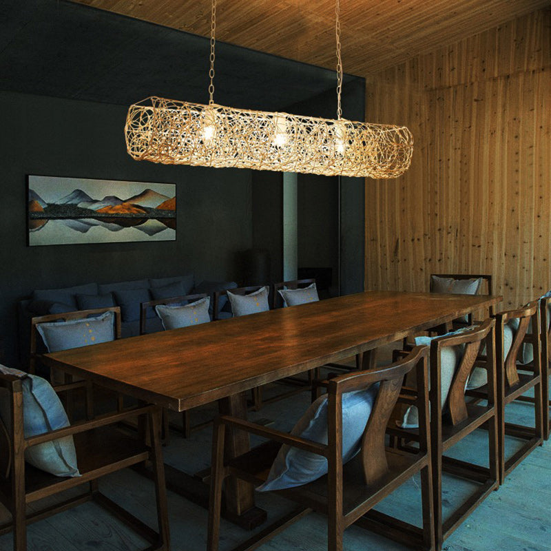 Elegant Rattan and Metal Cylinder Chandelier for Dining Room Lighting
