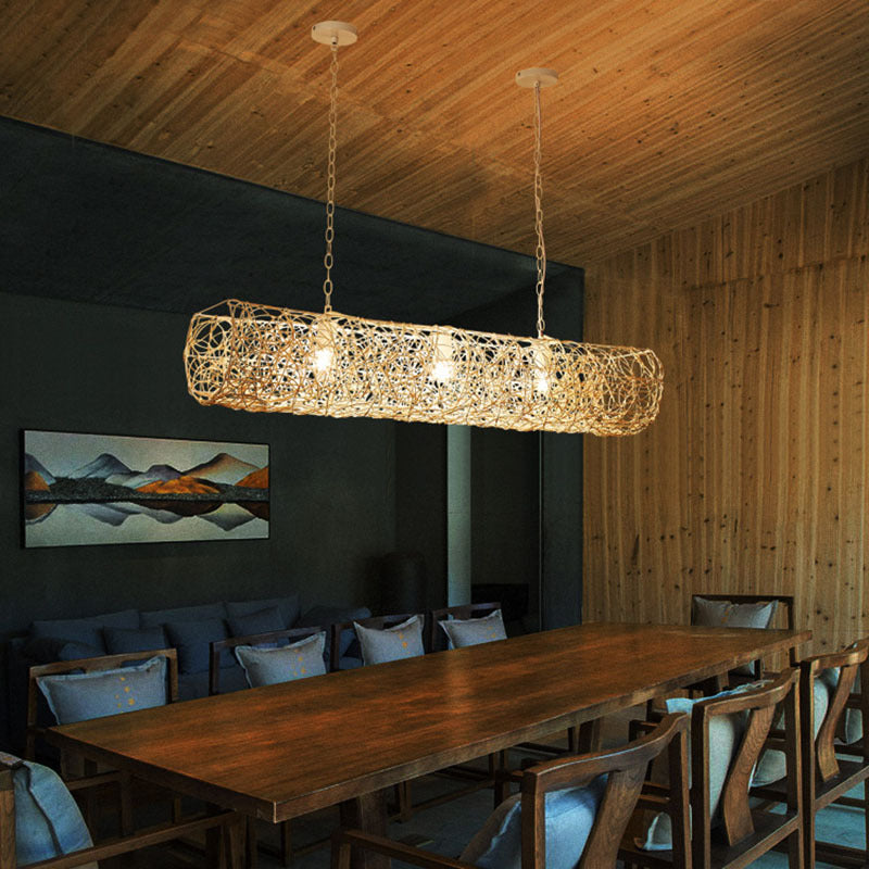 Elegant Rattan and Metal Cylinder Chandelier for Dining Room Lighting